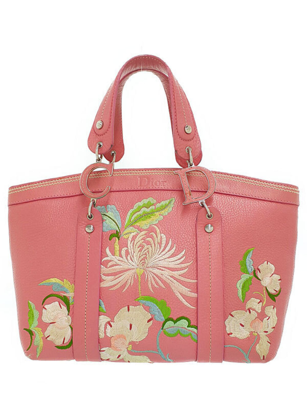 Christian Dior pink leather tote bag floral embroidery C D logo